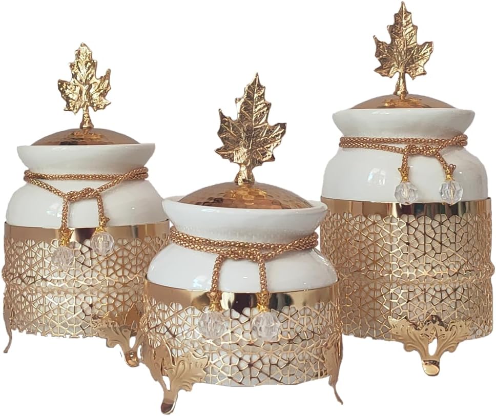 Set of 3 Canisters with Ceramic and Gold Lid Elegant
