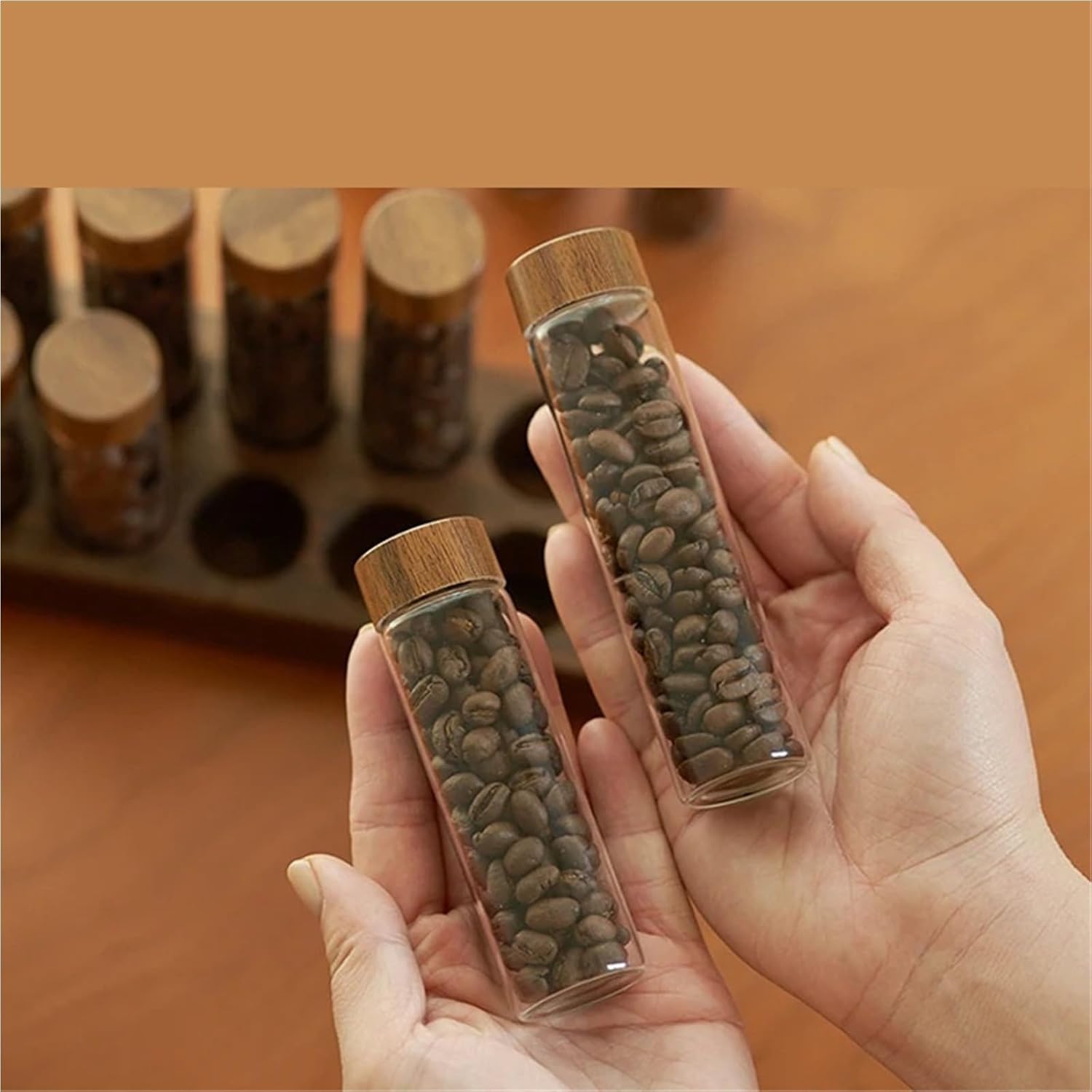 Glass Coffee Beans Storage Tube with Display Rack, Single Dose Tea Bottle Set, Practical Barista Coffeware Accessory(1pc 12 holes Base)