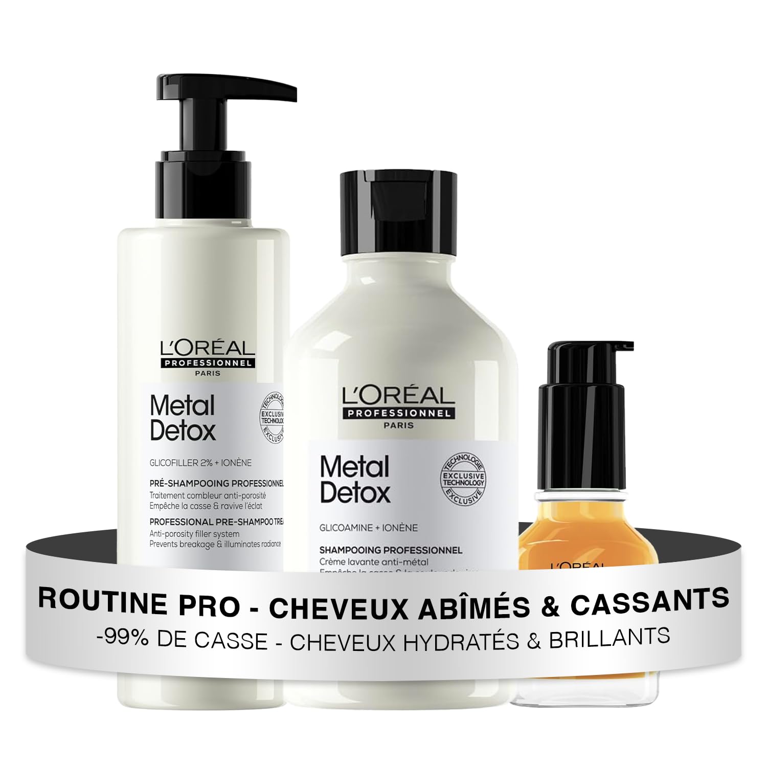 L'OREAL PROFESSIONNEL - Routine Pour Cheveux Abîmés & Cassants - Metal Detox - -99% de Casse - Cheveux Hydratés & Brillants - Pré-Shampoing (250ml) + Shampoing (300ml) + Huile (50ml)