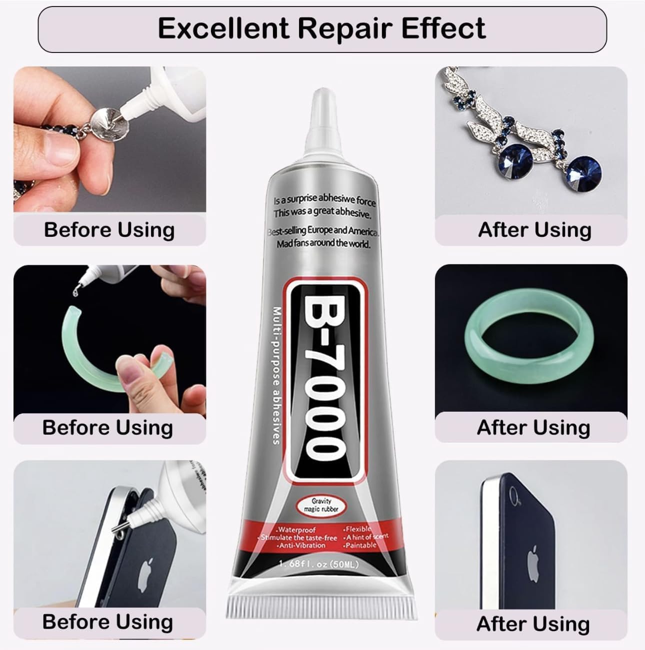DACHIC B7000 Multipurpose Adhesive Glue | Jewelry, Beads, Clothes, Shoes, Fabrics,Screen Repair, Metal, Stone, Glass, Mobile Phones,Artificial Crystal Crafts (50ML/1.68fl.oz) (50 ML (Pack of 2)) 3