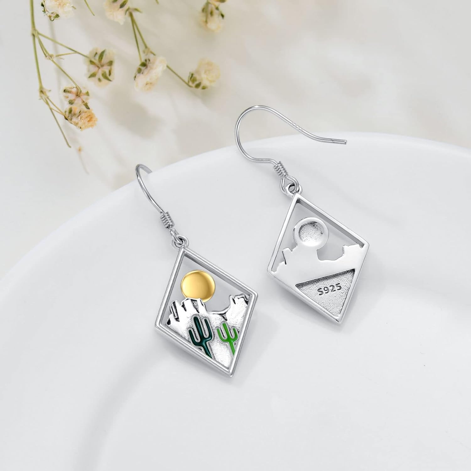 Saguaro Cactus and Sun Desert Dangle Earrings 925 Sterling Silver Dangling Drop Jewelry for Women