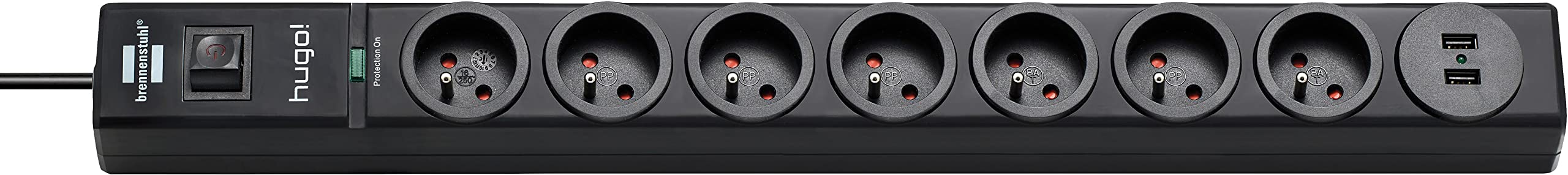 Brennenstuhl Multiprise Hugo! Noire, 7 Prises + 2 Prises USB, avec parafoudre et 2m de câble (19.500A)