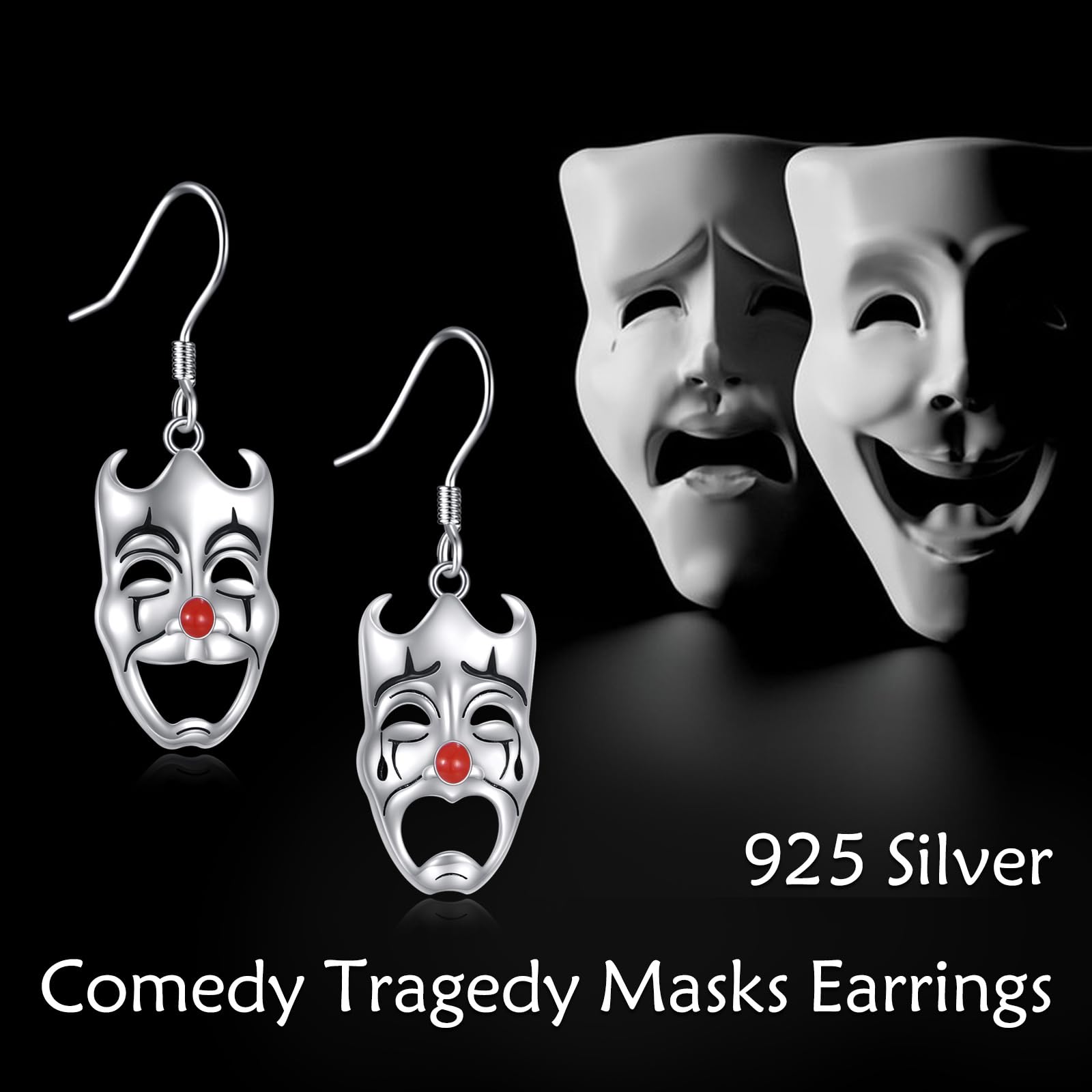 Orecchini a forma di commedia e tragedia, in argento Sterling, dramma, teatro, gocca, regalo per donne ispirato al focatoma dell'opera.
