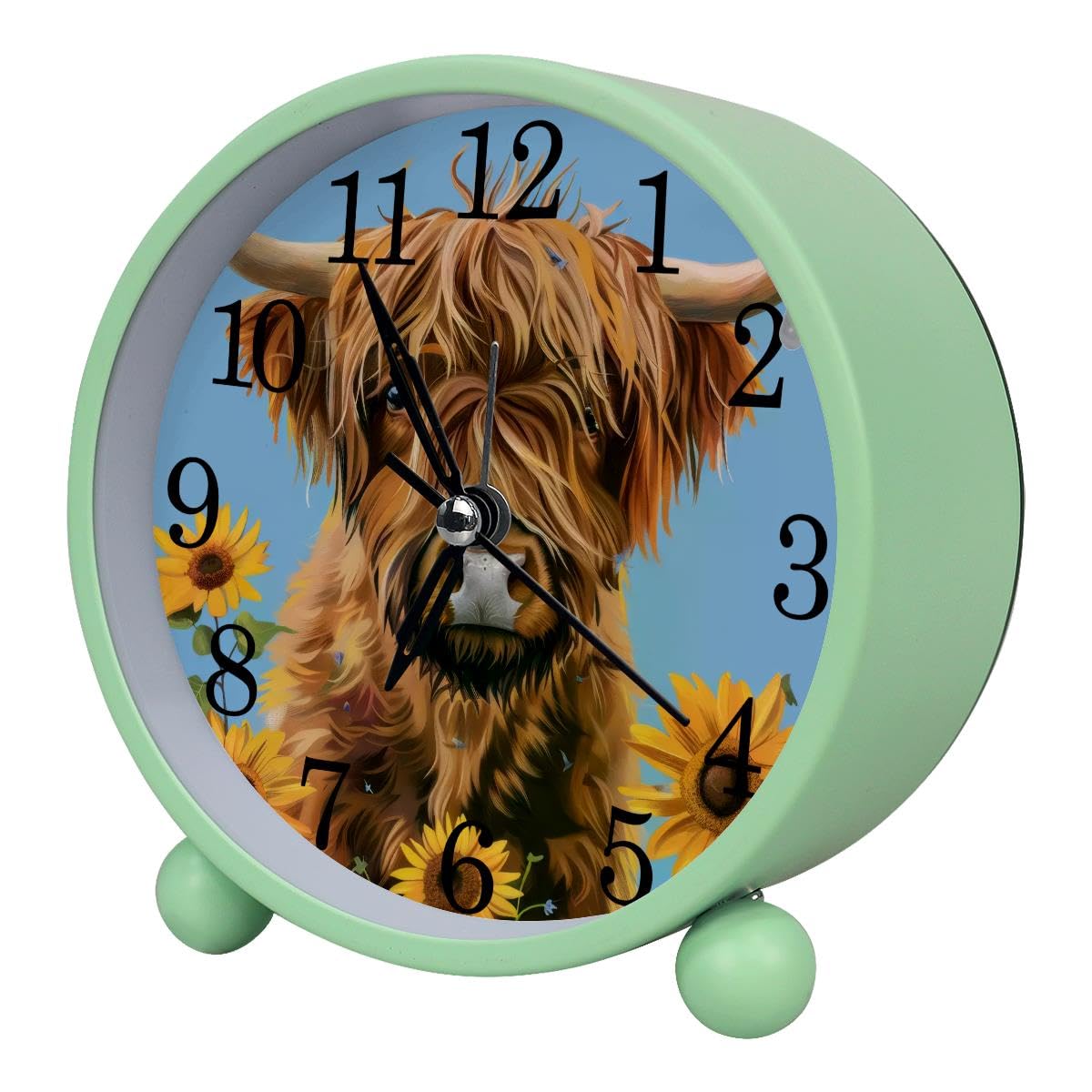 Alarm Clock Highland Cow Sunflowers, Silent Non-Ticking with Night Light