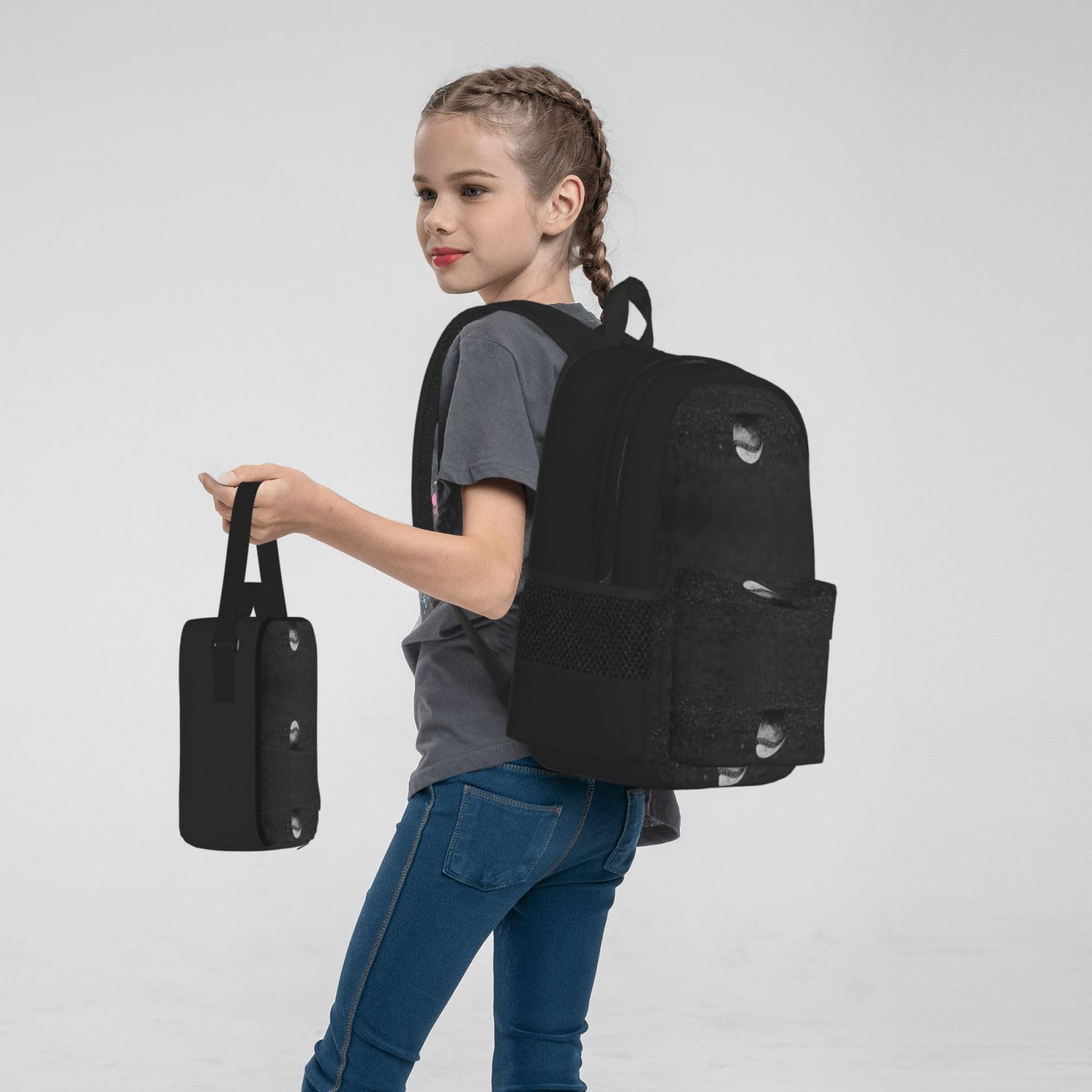 Plecak baseballowy dla dzieci chłopców dziewcząt pudełko na lunch szkoła torba na książki zestaw uczniów szkół średnich student prezent, Czarny, One Size, Bagaż