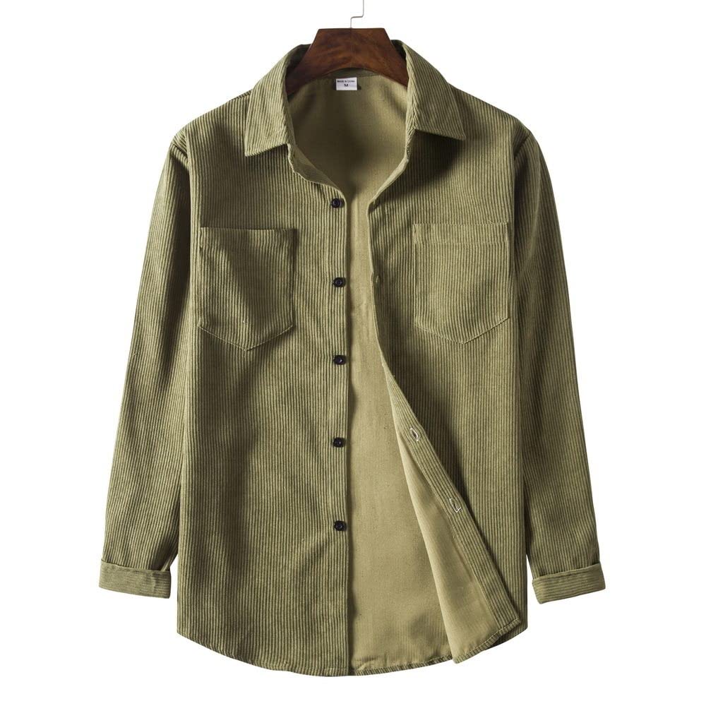 HGJH Herren Hemden, Herren Langarm Retro Cordhemd Henry Hemd Jacke ArmyGreen Thermohemd Futter Großvater Hemd Revers Knöpfe Bequem Lässiges Arbeitshemd Für Männer Jungen