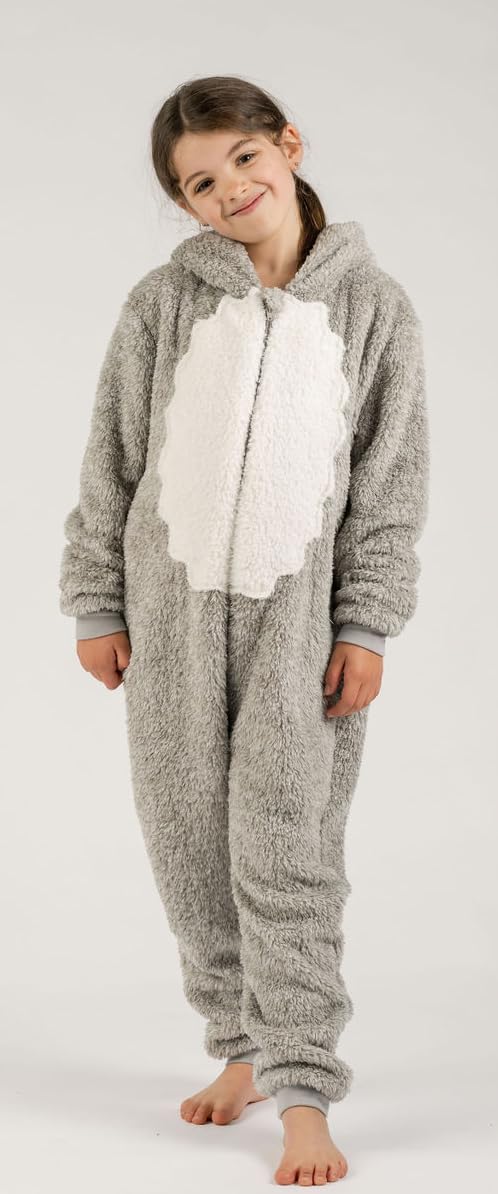Tutina per ragazzi o ragazze in pile super morbido nero bianco gatto gattino con coda – Costume da animale AllinOnes per bambini dai 2 ai 13 anni