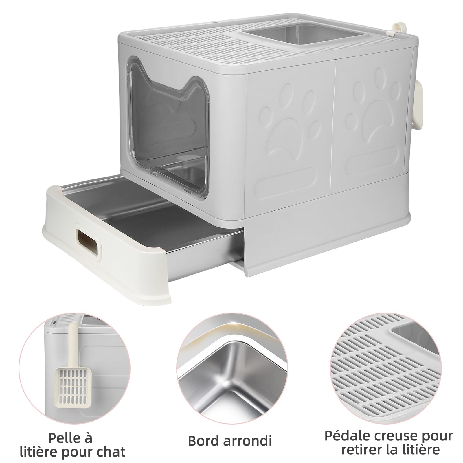OHMG Lettiera per Gatti, Chiusa, Casa di Toilette in Acciaio Inox, Vassoio Rimovibile, Paletta, per Gatti Grandi, Capacità di Carico 15 kg, Anti-tracce, Anti-perdite