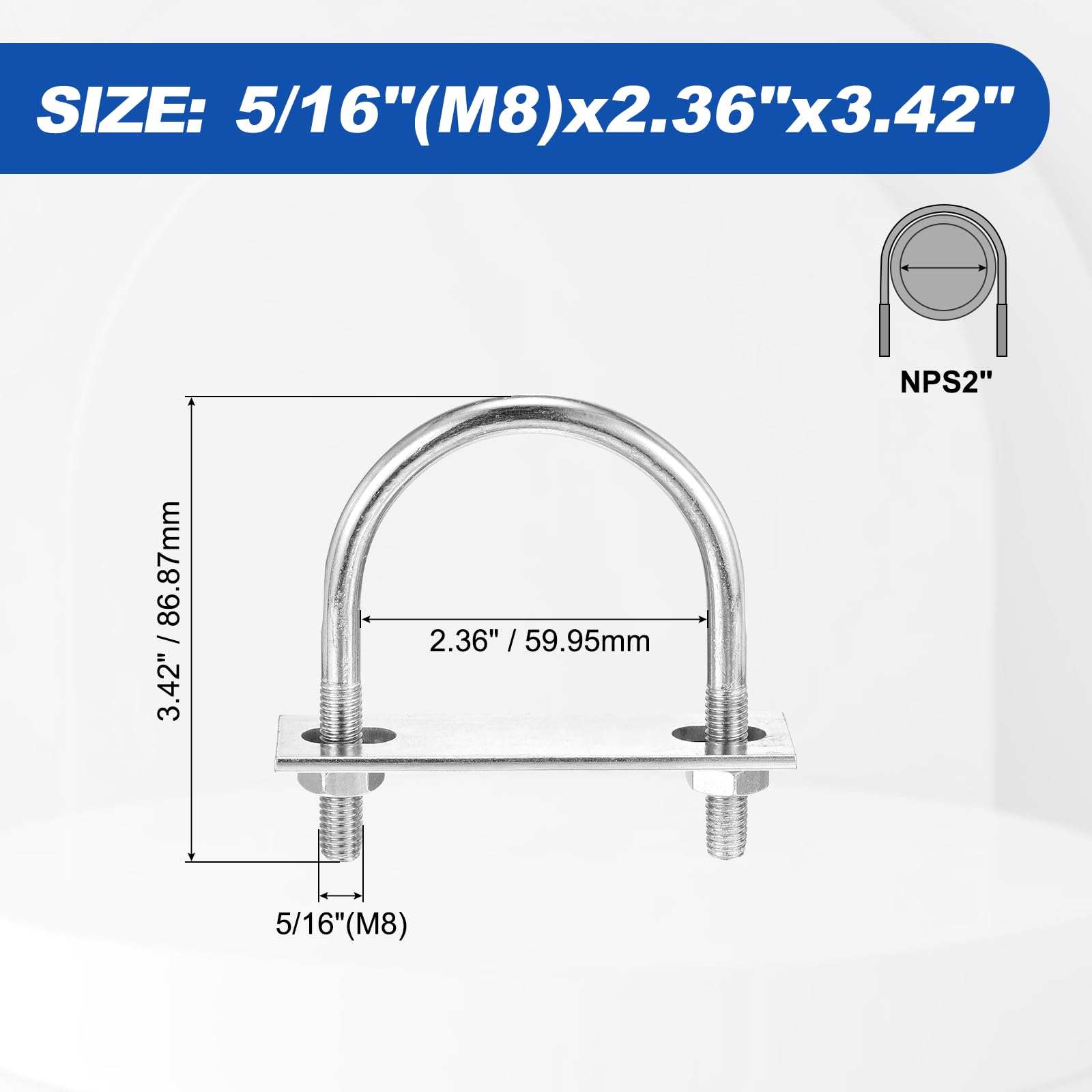 METALLIXITY U Bolts 4 Sets (5/16"(M8) x2.36"x3.42"), Round U Bolt Kits 304 Stainless Steel with Accessories - Image 2