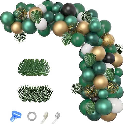 Miniatura 2 de Juego de guirnalda de globos verdes de safari de selva, 150 unidades, color verde esmeralda oscuro y dorado, hojas de palma tropicales para safari,