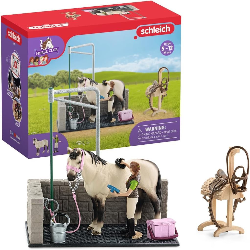 Box Lavage Chevaux avec Figurine Cheval et Cavalier - Coffret de Lavage de Chevaux de 11 Pieces avec Cheval, Cavalier et