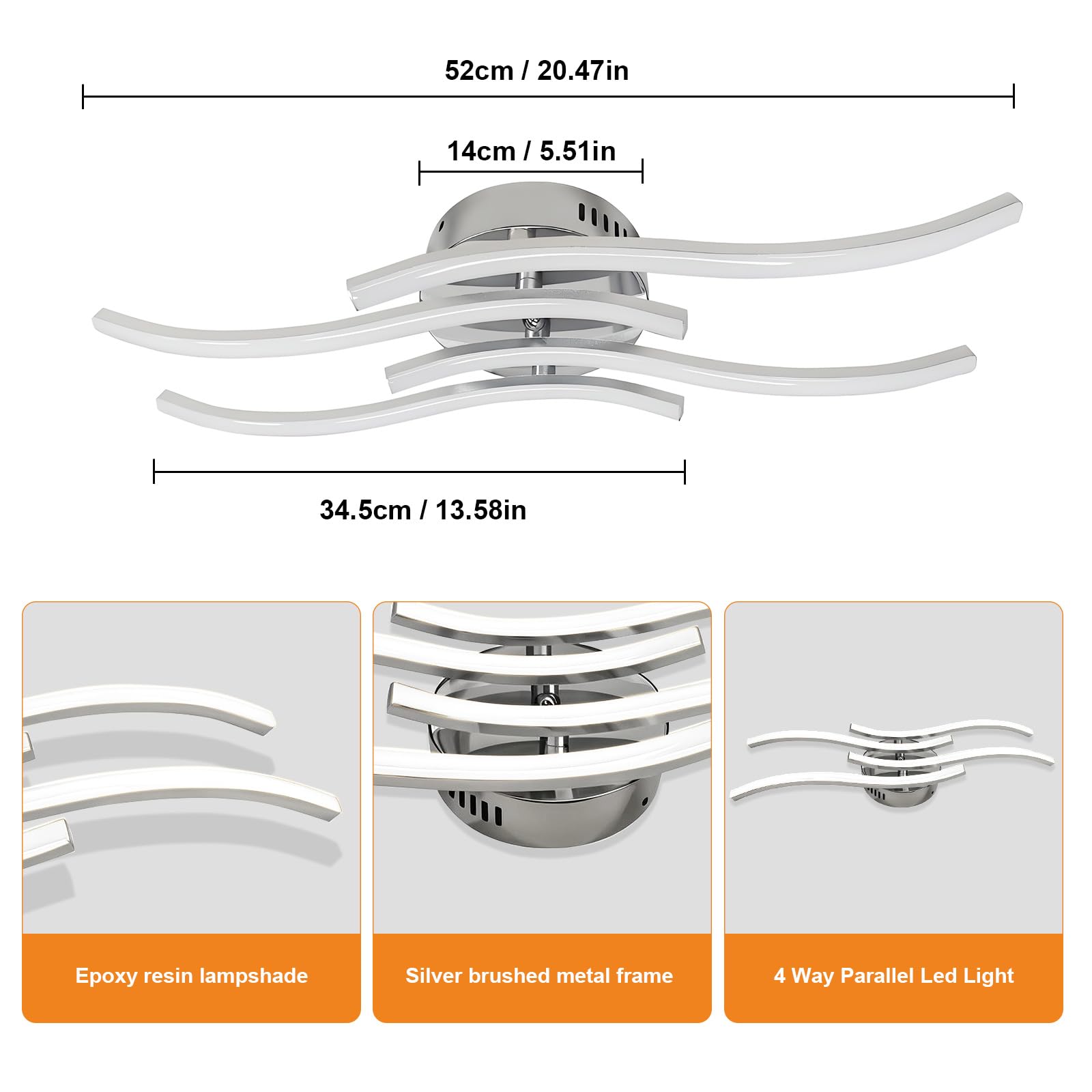 Plafoniera LED con Telecomando, Lampada Soffitto Dimmerabile, Moderno Cromato Curvo Lampadario, per Soggiorno, Camera da Letto Cucina, Sala da Pranzo (28W, 4 LED Montaggio Parallelo)