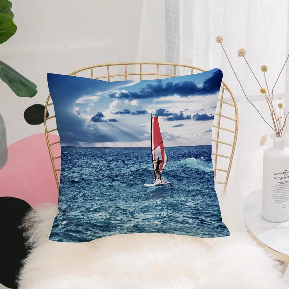 HYMSXW Cushion Cover,Throw Pillow Case Home Decorative for Living Room Bedroom Sofa Chair 20X20 Inch,Windsurfing at sea, red sail and waves, blue ocean, outdoor,Pillowcase 50X50cm
