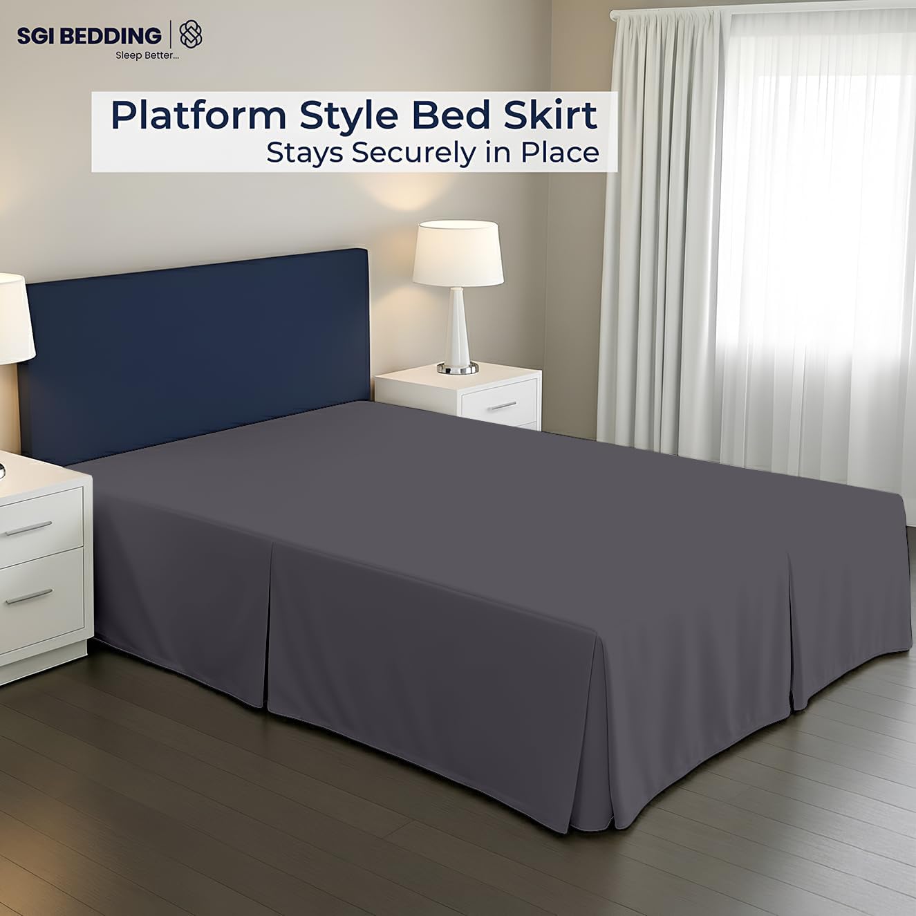 sgi bedding 21 inch drop bed skirt king size - platform style with secure fit, classic tailored look, elegant pleated style dust ruffle, split corners, wrinkle resistant microfiber - dark grey 03 - dark grey king- 21"