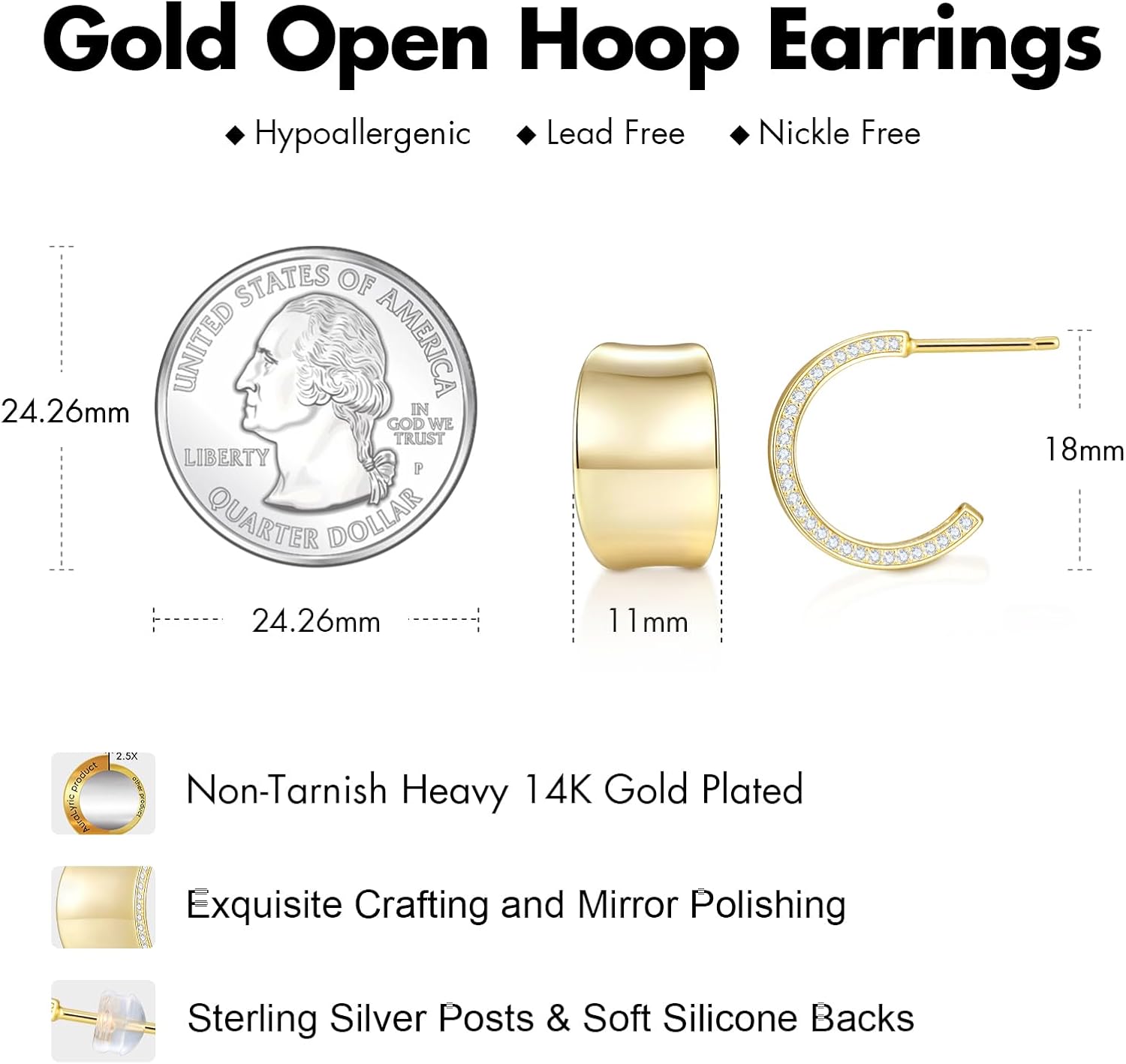 Chunky Gold Earrings for Women, Wide Half Hoops 14K Gold Plated Non Tarnish, Lightweight Hypoallergenic Earrings Sterling Silver Posts, Birthday Easter Gifts for Wife Mom Girlfriend