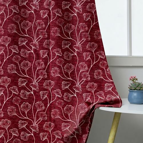 Image of Home Sizzler Ginkgo Leaf Eyelet Polyester Semi-Transparent Window Curtains - 5 Feet, Pack of 2, Deep Wine