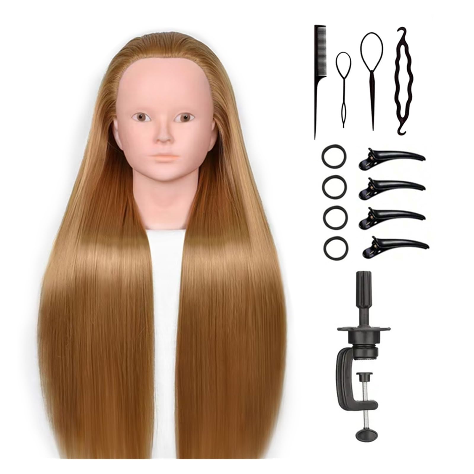 Schönheits-Mannequin-Übungspuppenkopf | Mit Tischständer und Haarstyling-Set 24 Zoll synthetisches Make-up(Golden)