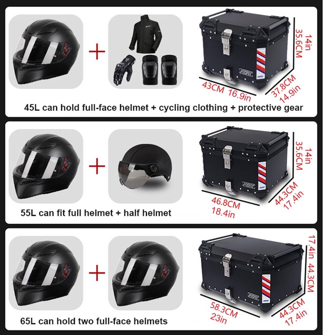 Top Case Moto Étanche, 45L 55L 65L Aluminium Moto Coffre Voyage Boîte De Queue, avec Serrure De Sécurité, pour Un Casque Et Bagages, Noir, Argenté (Couleur : Argent, Taille : 65L)