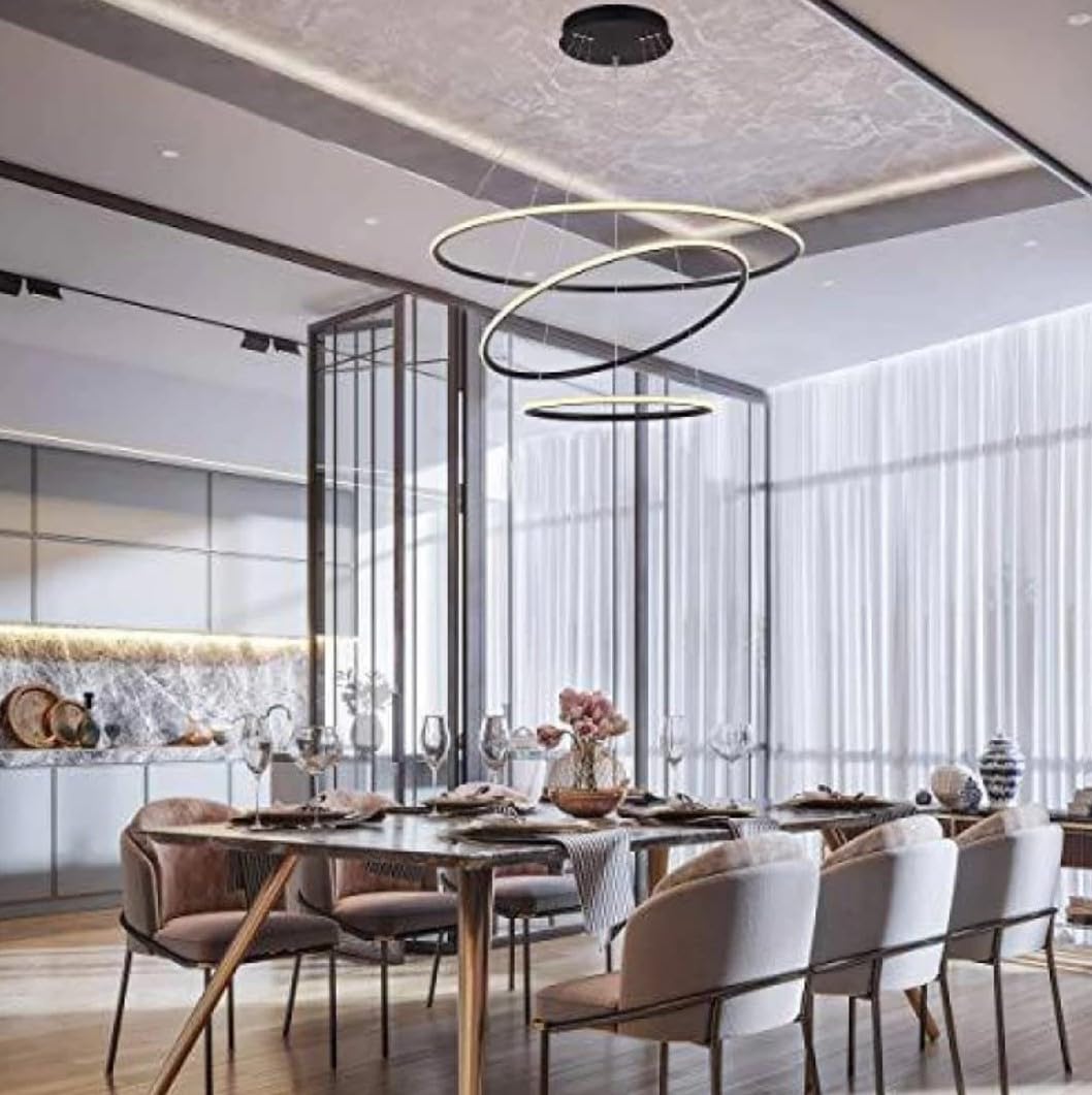 PRMOAGENModern Double 3 Ring LED Chandelier Lamp (Warm White, Gold) Chandelier Ceiling Lamp (Black)