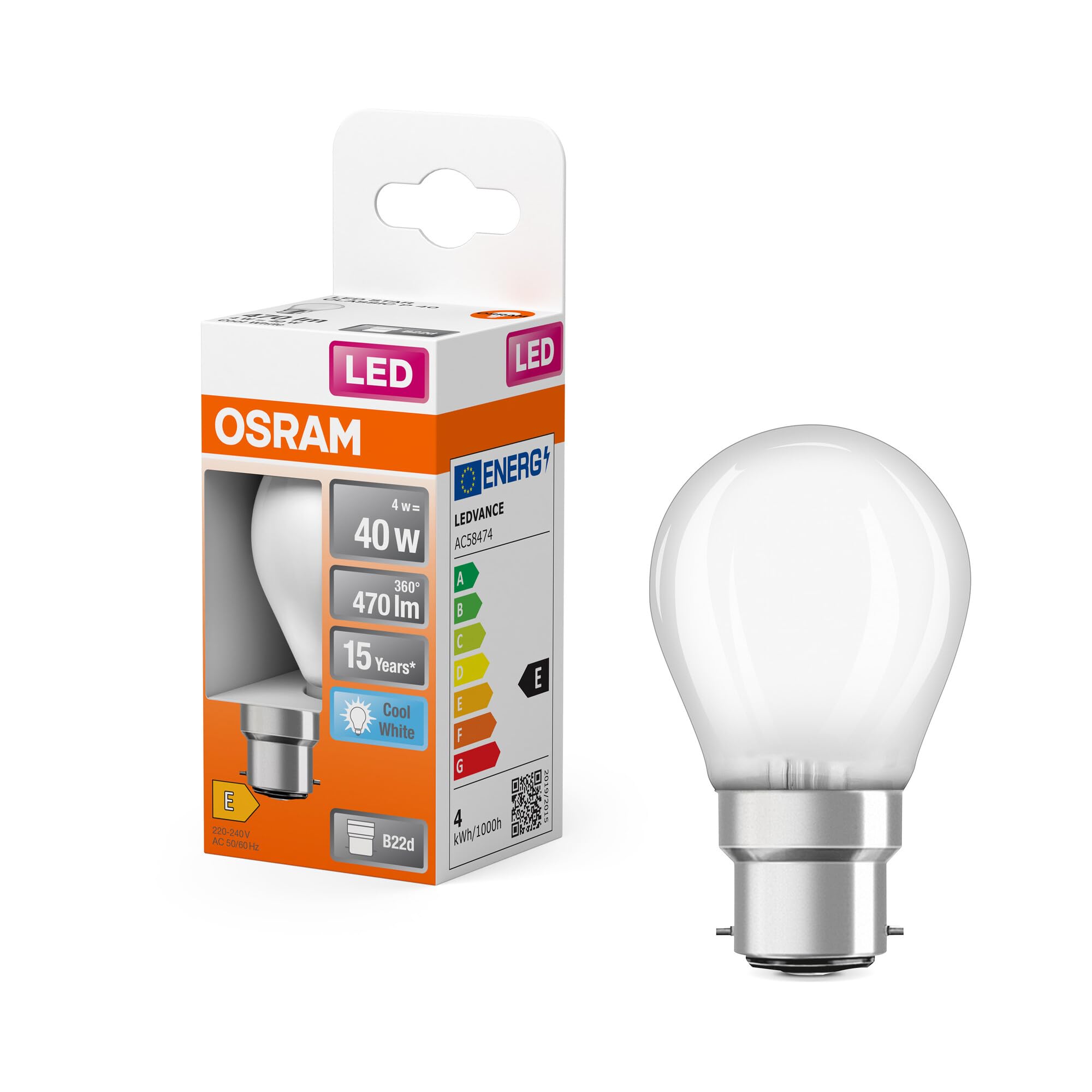 OSRAM LED Star Classic P40 LED-Lampe in klassischer Miniballform, 4 W / 470 lm, kaltweißes Licht bei 4000 K, CRI 80, aus bleifreiem Glas in Frostoptik, B22d Sockel, EEK E, 45 mm Durchmesser