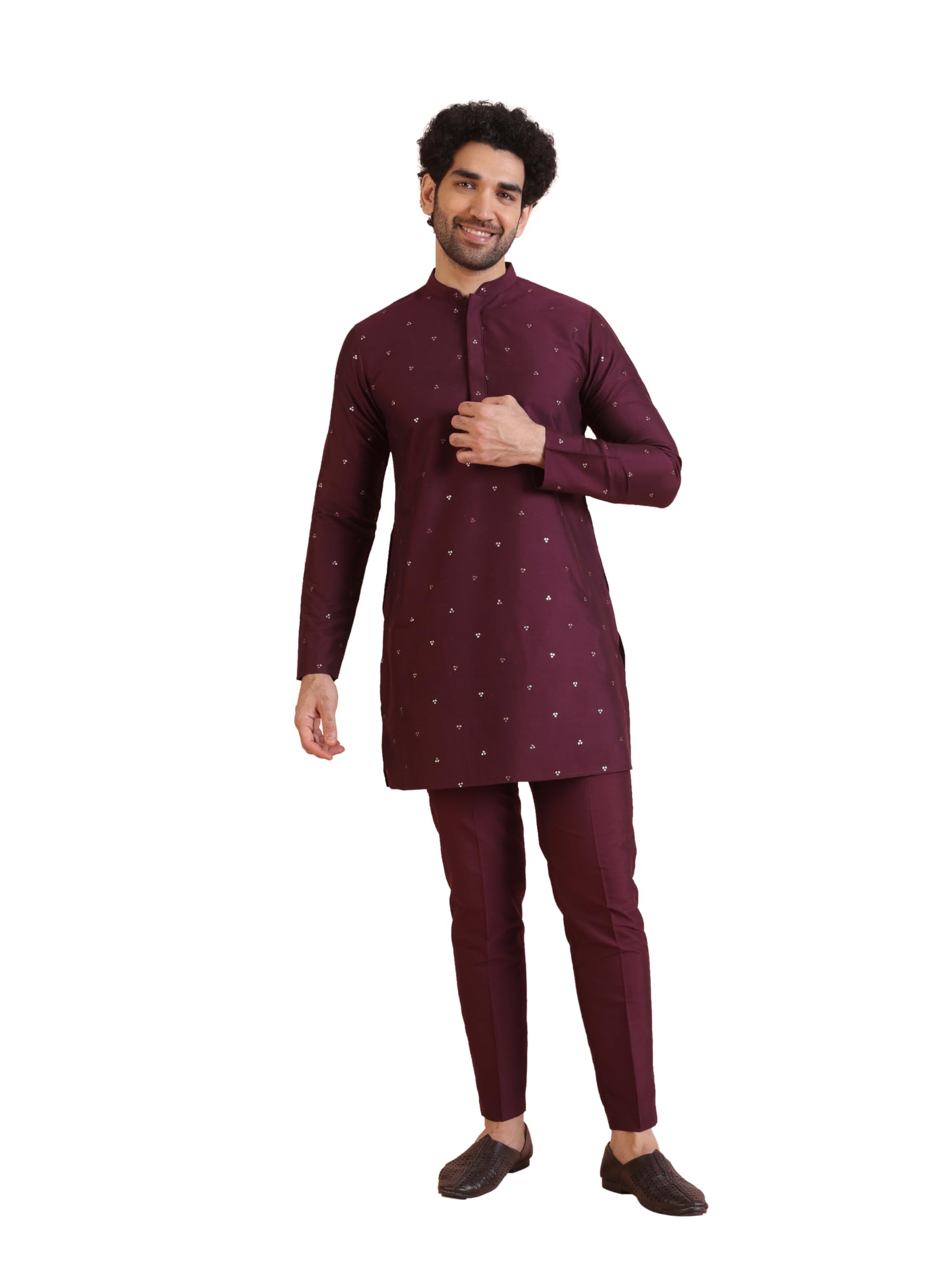 Men's Wine Embellished Kurta Trouser Set-image-24