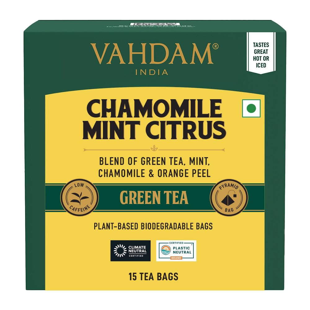 VAHDAM Chamomile Mint Citrus Green Tea | 15 Tea Bags | Refreshing Wellness Green Tea Blend with Real Chamomile, Spearmint