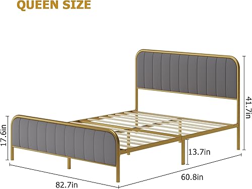 Miniatura 7 de Assile Cama de plataforma tapizada tamaño Queen con cabecera capitonada de terciopelo con botones, diseño sin ruido y espacio de almacenamiento
