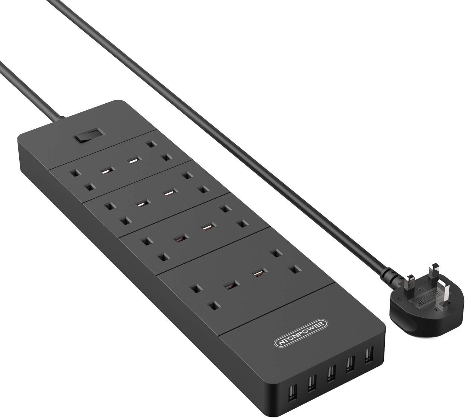 Extension Lead 8 Way NTONPOWER Wall Mountable Multi Plug Extension with Superior Surge Protection and 5 USB Slots Switched 13amp Extension Lead Power Strip 4.9ft Cable- Black