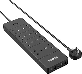 Extension Lead 8 Way NTONPOWER Wall Mountable Multi Plug Extension with Superior Surge Protection and 5 USB Slots Switched 13amp Extension Lead Power Strip 1.5m Cable- Black