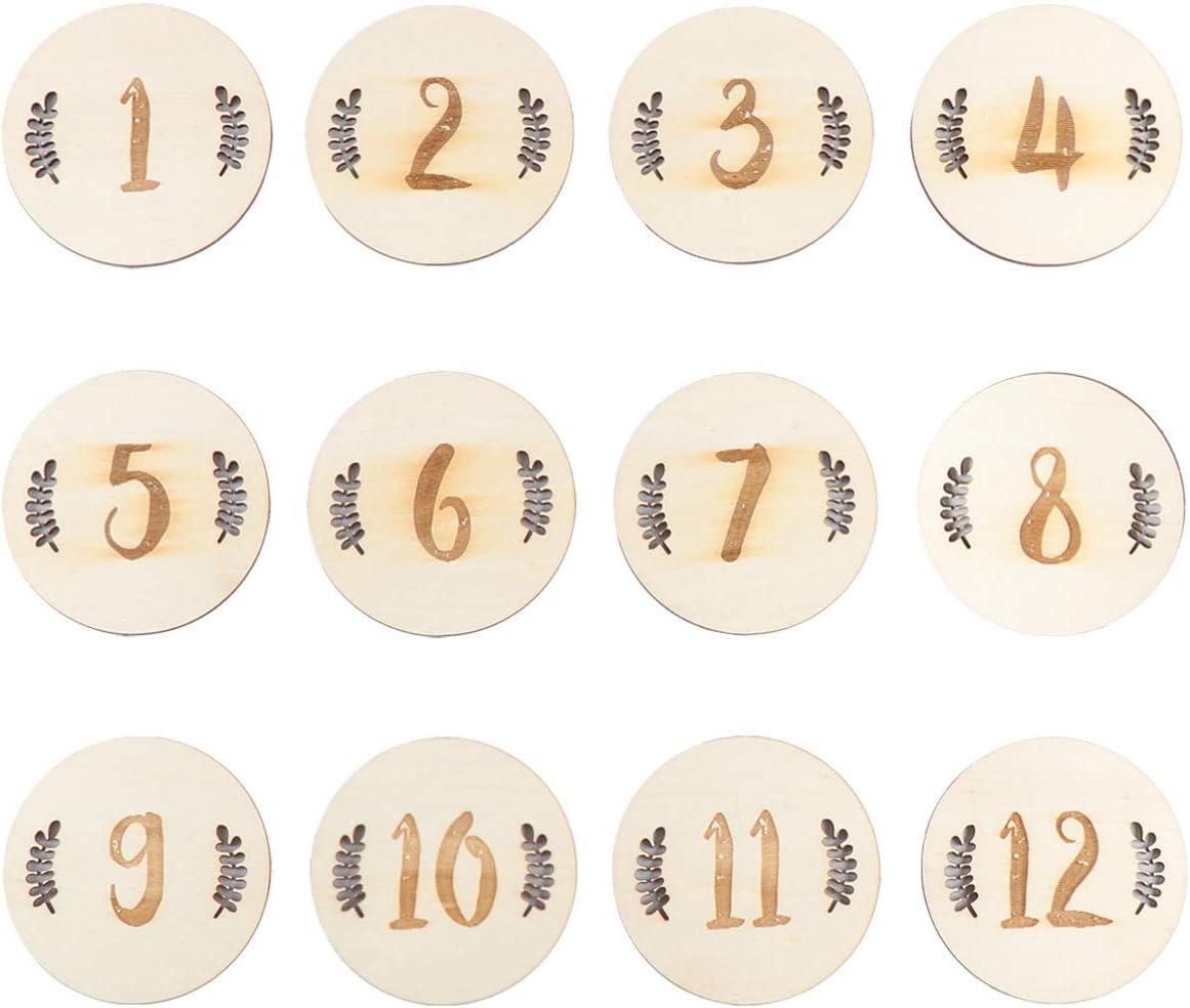 Toddmomy 12pcs Wooden Monthly Cards Newborn Baby Sets Baby First Year Growth Photography (Leaves Numbers)