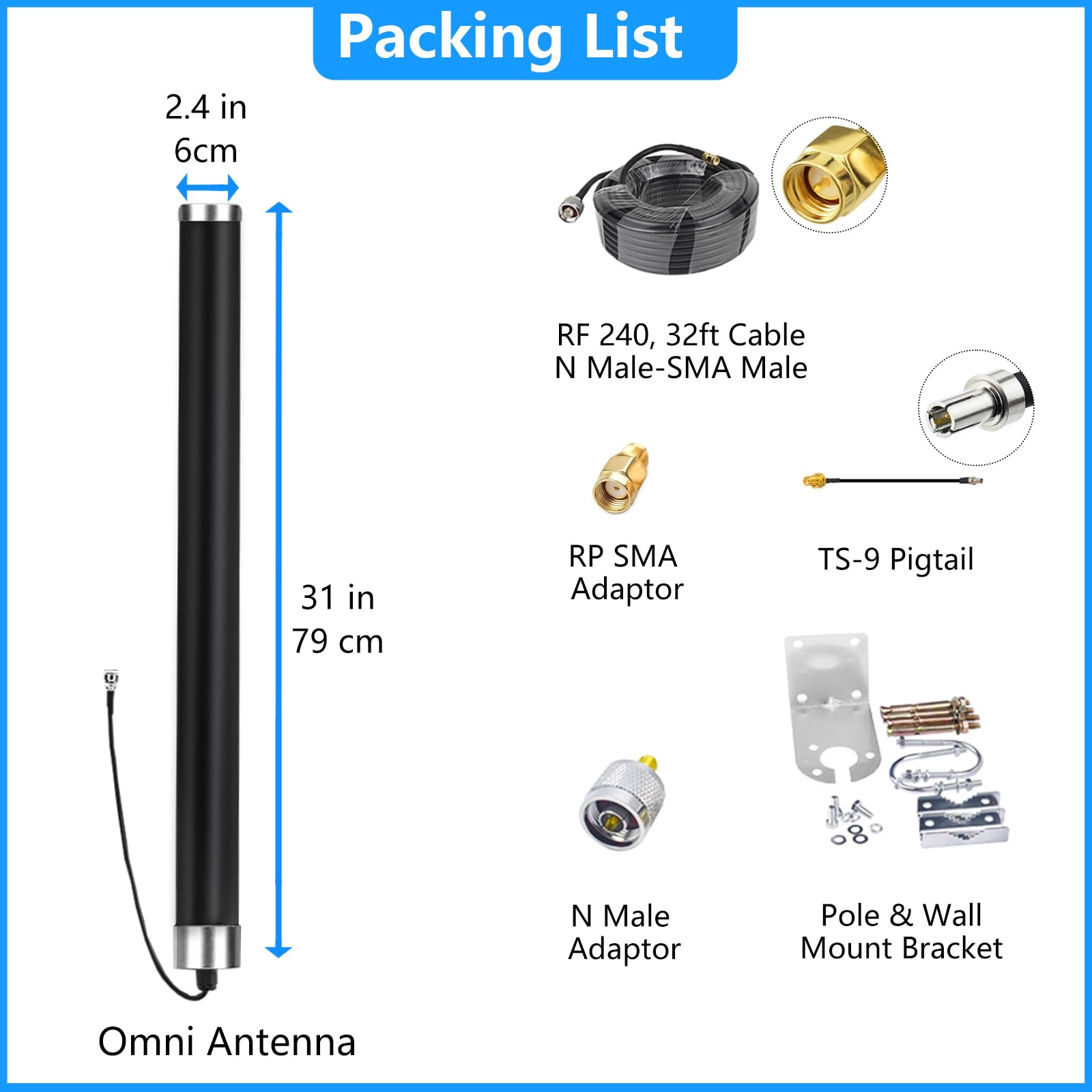 Antenne cellulaire Omni directionnelle d'extérieur 4 g 5 g LTE GSM pour amplificateur de signal de téléphone portable/modem/routeur/hotspot avec câble de 9,8 m Connecteur SMA TS9 RPSMA à gain élevé