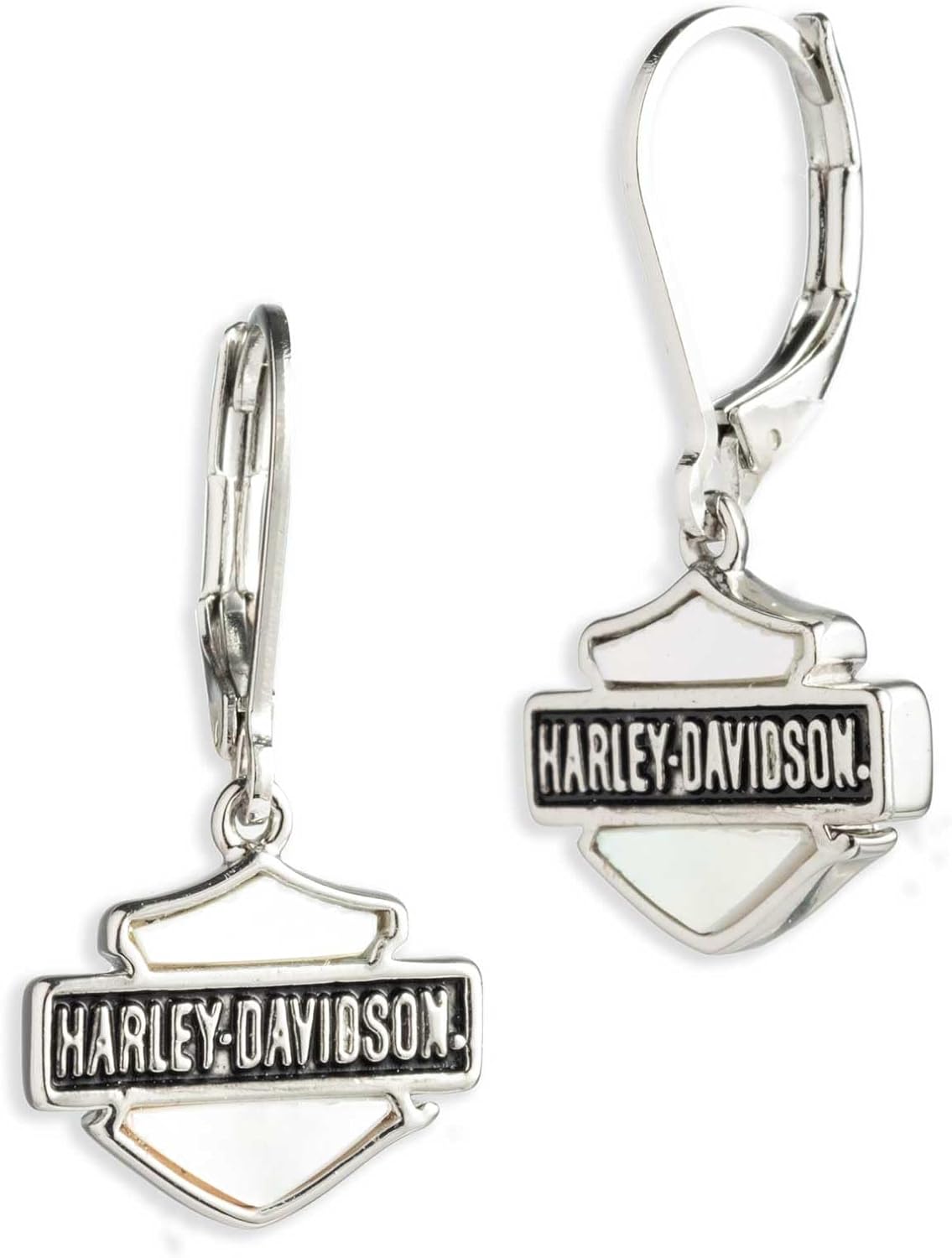 Harley-Davidson Women's Mother of Pearl Bar & Shield Drop Earrings – Silver
