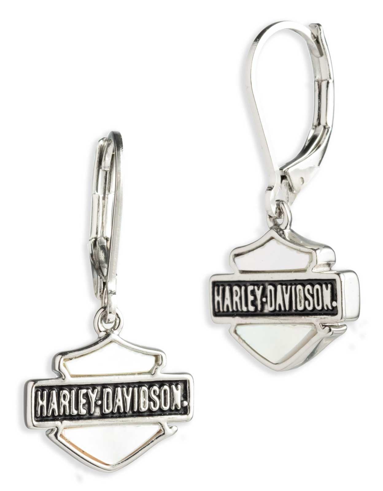 Harley-Davidson Women's Mother of Pearl Bar & Shield Drop Earrings – Silver