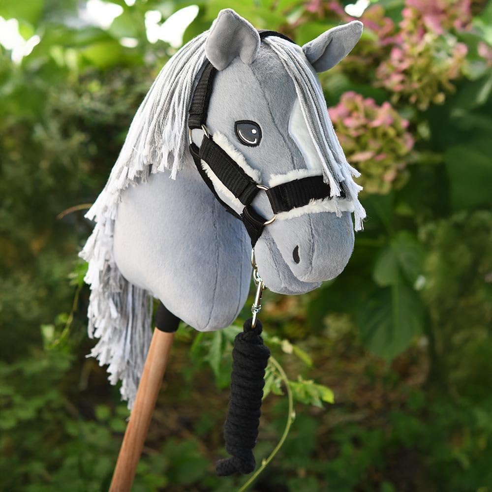 Set di accessori nero e bianco per Hobby Horse e cavallo stick: cavezza muta nera con cordino + coperta nera + berretto anti-mosche nero
