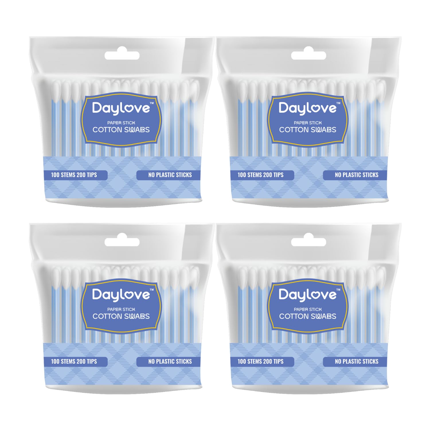 daylove cotton ear buds/swabs pouch | strong paper stick with both side 100% cotton tips | no plastic | 100n stems / 200n swabs | pack of 4 pouch | eco-friendly, safe and gentle