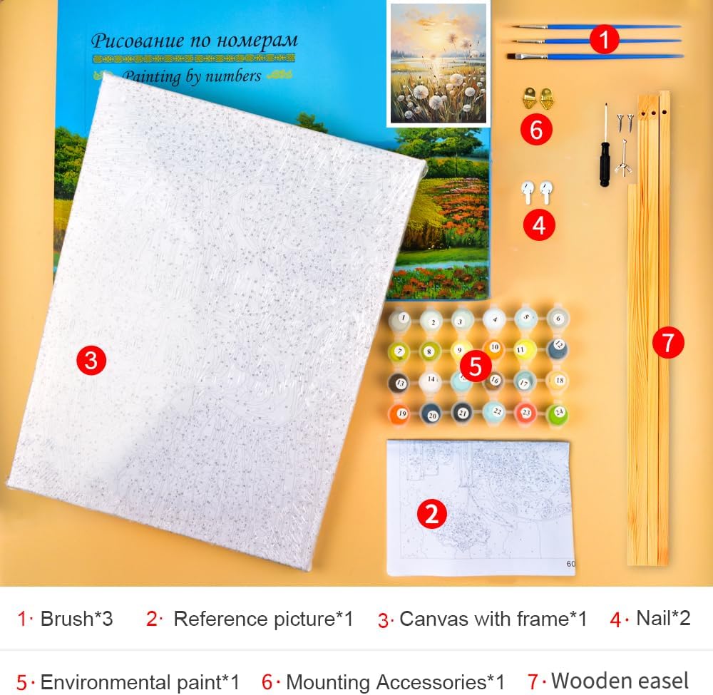 Rebotipy Dandelions DIY Paint by Numbers for Adults Dandelions in A Meadow at Sunset Paint by Numbers Kits Acrylic Pigment 16X20 Inch with Frame Canvas Wall Decor Oil Painting for Friends Family