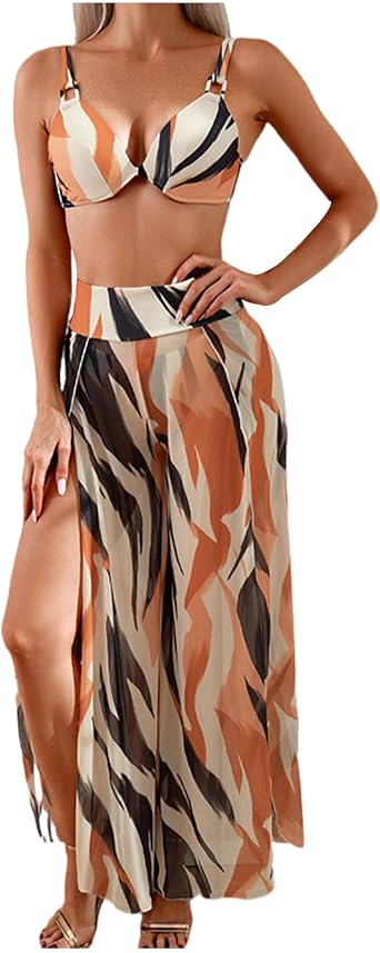 Womens 3 Piece Bikini Set Sexy Tanga String Beach Swimsuit Boho Spaghetti Straps Swimwear with Split Cover Up Pants