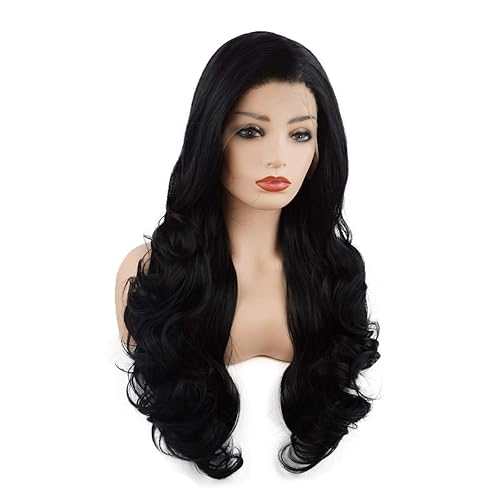 Miniatura 2 de Pelucas sintéticas con encaje frontal de 26 pulgadas de largo y ondulado largo y negro atado a mano de alta densidad