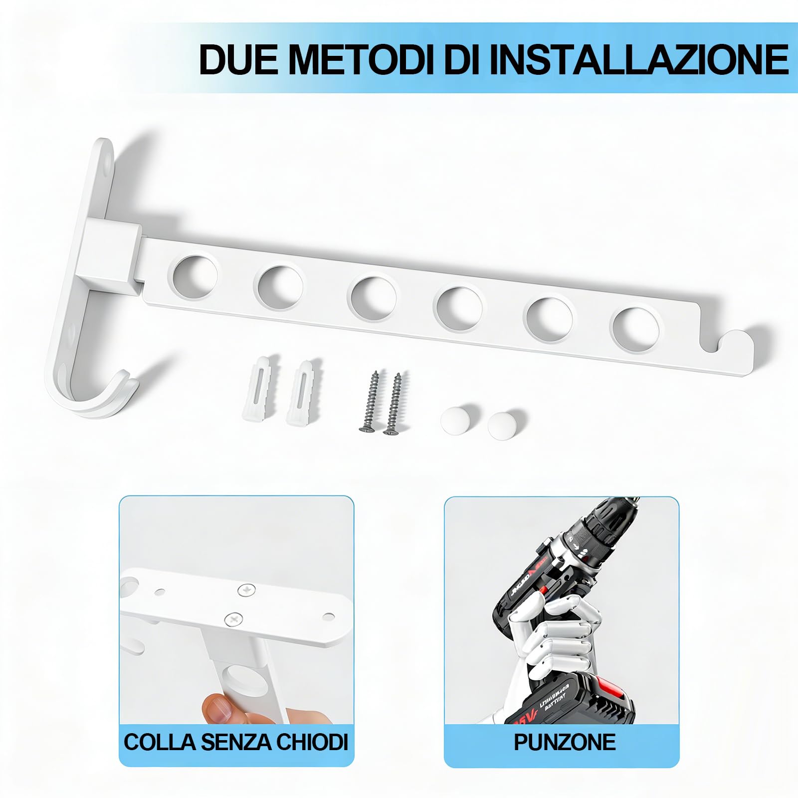 Appendiabiti da Parete Pieghevole, Barra Porta Abiti da Muro in Alluminio, Salvaspazio per Bagno, Lavanderia e Balcone, Bianco