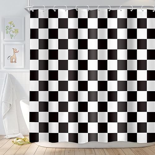 Cortina de ducha a cuadros de 72 pulgadas de ancho x 72 pulgadas de largo, cortinas de ducha negras y blancas para baño, bonita cortina de ducha