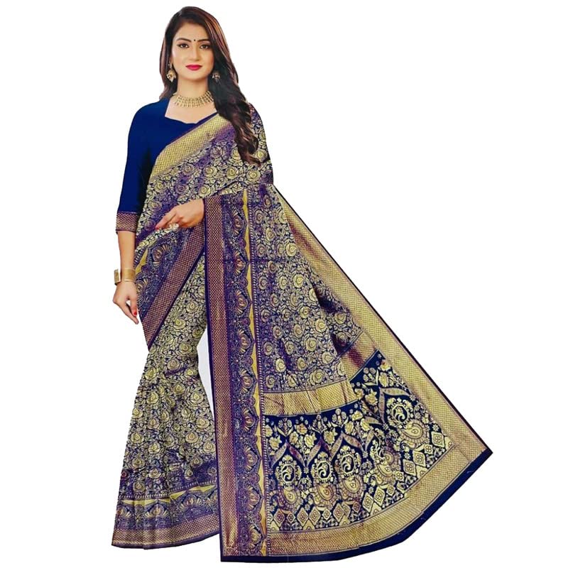 M2M Store Women's Banarasi Silk Saree With Blouse, Beautiful & Comfortable Fabric Saree (Blue)