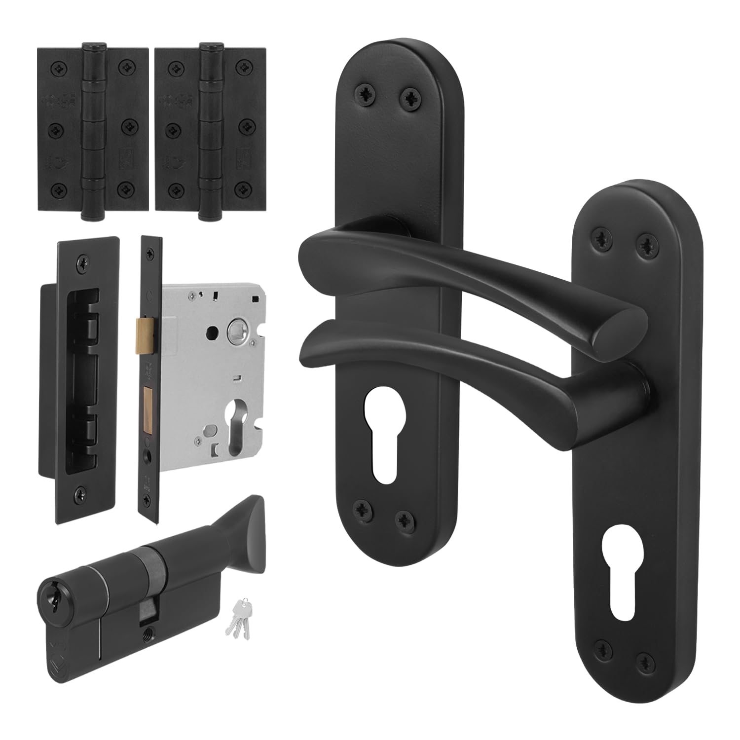 Eai Matt Black Black Door Handle Euro Lock, Thumbturn Cylinder Set, 1 Pair Internal Door Handle, Lock, Hinges - Novoli