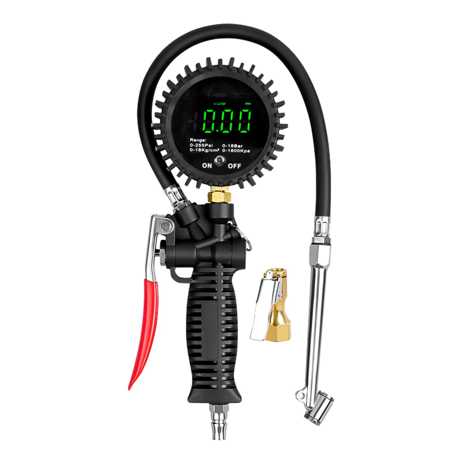 Integrierte Digitale Reifendruckprüfpistole, 0–255PSI, 0–18 Bar, Auto Luftpumpe mit Entleerungsfunktion, 4 Messeinheiten Umschaltbar