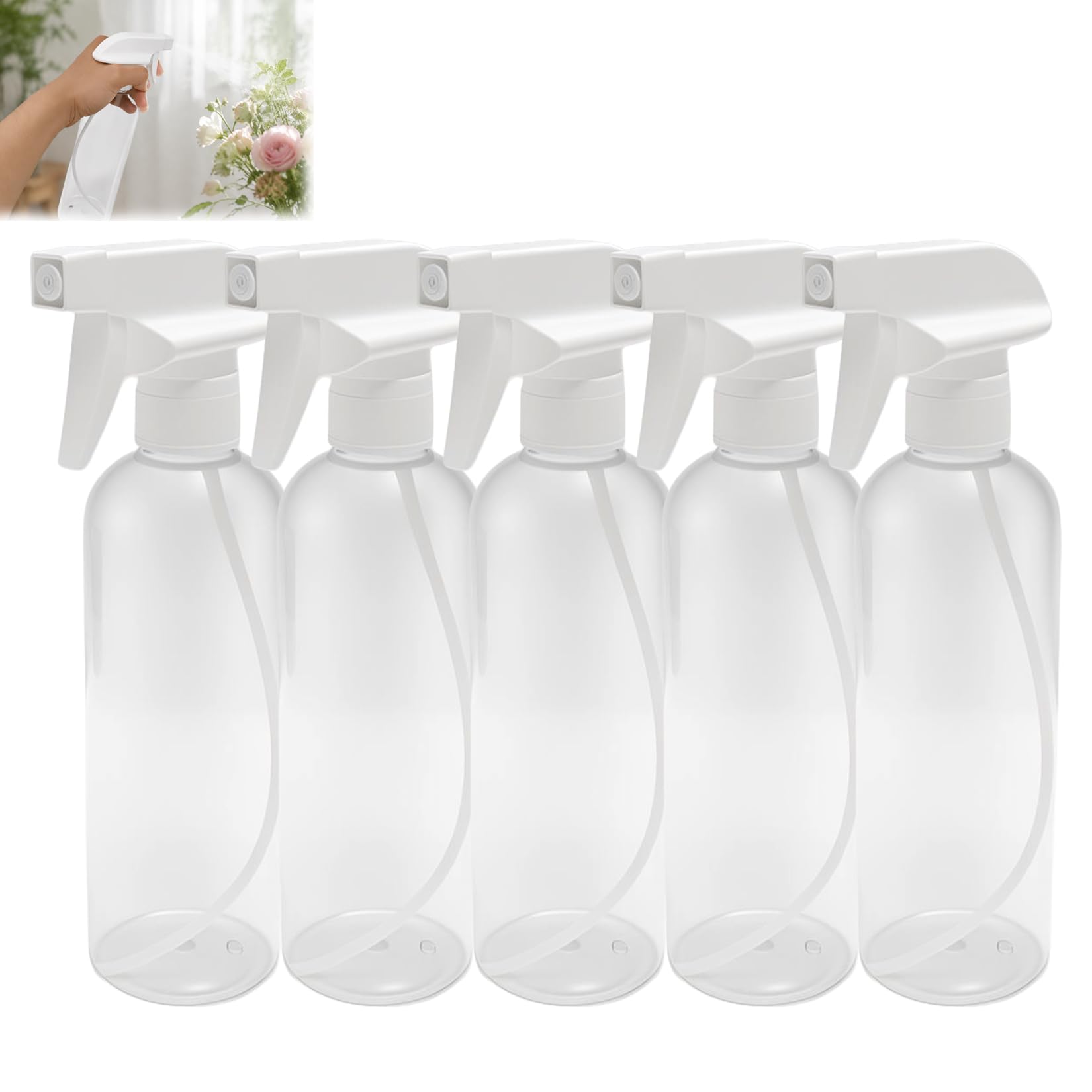 5 Pcs Spray Bottles for Cleaning, 500ml Hair Water Spray Bottles, Adjustable Refillable Plastic Empty Plant Mister Sprayer Bottle Atomizer for Home Gardening Plants (5 Pcs - White Pump, Clear Bottle)