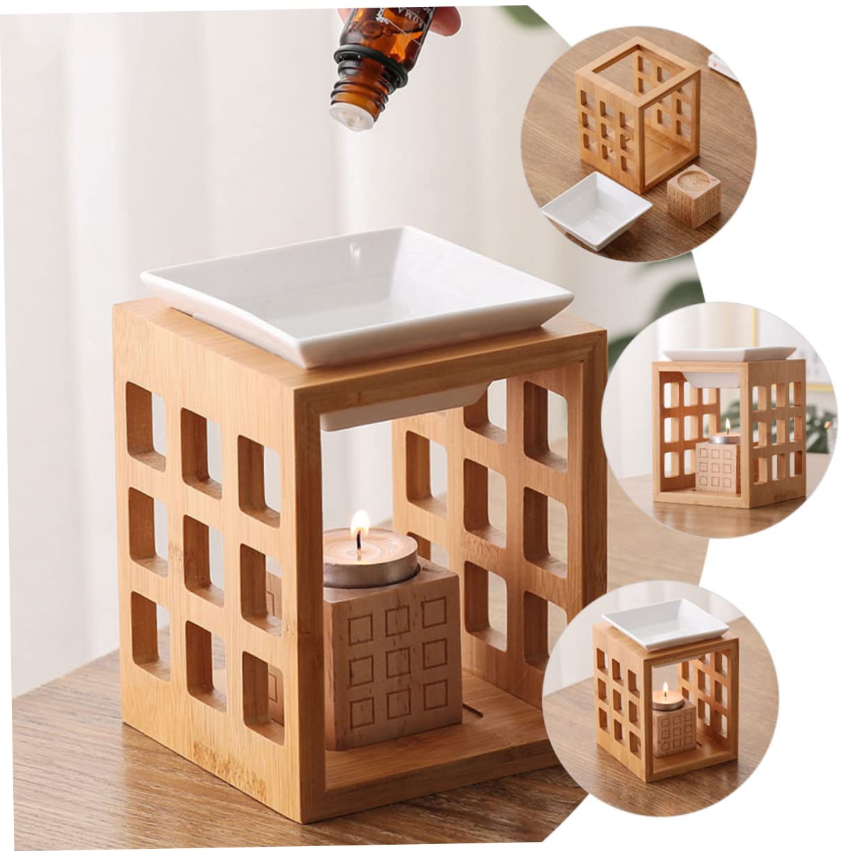 Cabilock Calentador de Aceites Esenciales de Madera y Cerámica para Aromaterapia Capacidad de 150ml, Quemador de Cera para Velas de Té Adecuado para Hotel y Yoga