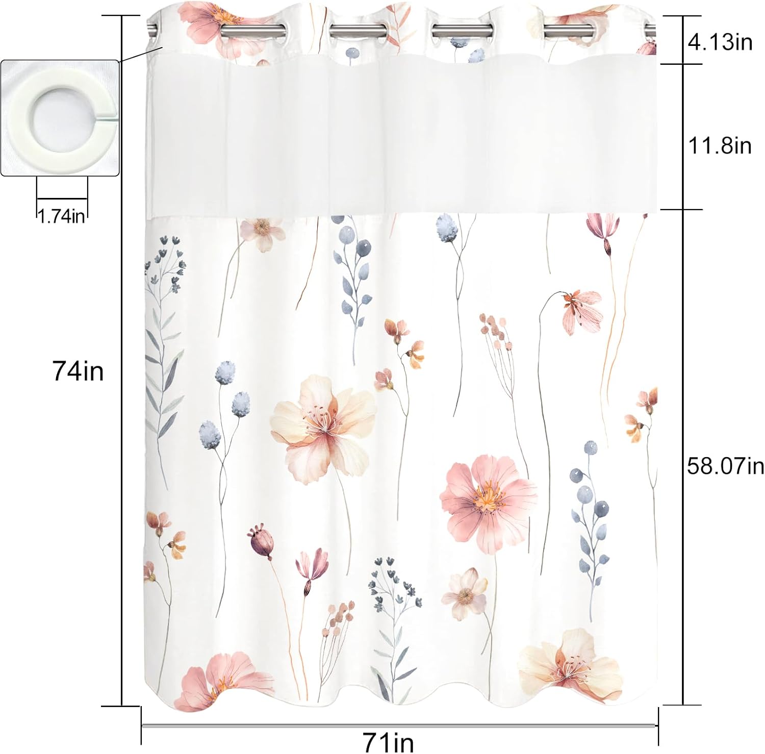 Fungarth No Hook Shower Curtain with Snap in Liner Set Watercolor Floral Hookless Shower Curtains for Bathroom Pink Beige White Plant Flower Leaf Waterproof Fabric Hotel Bath Curtain 71 x 74 Inch