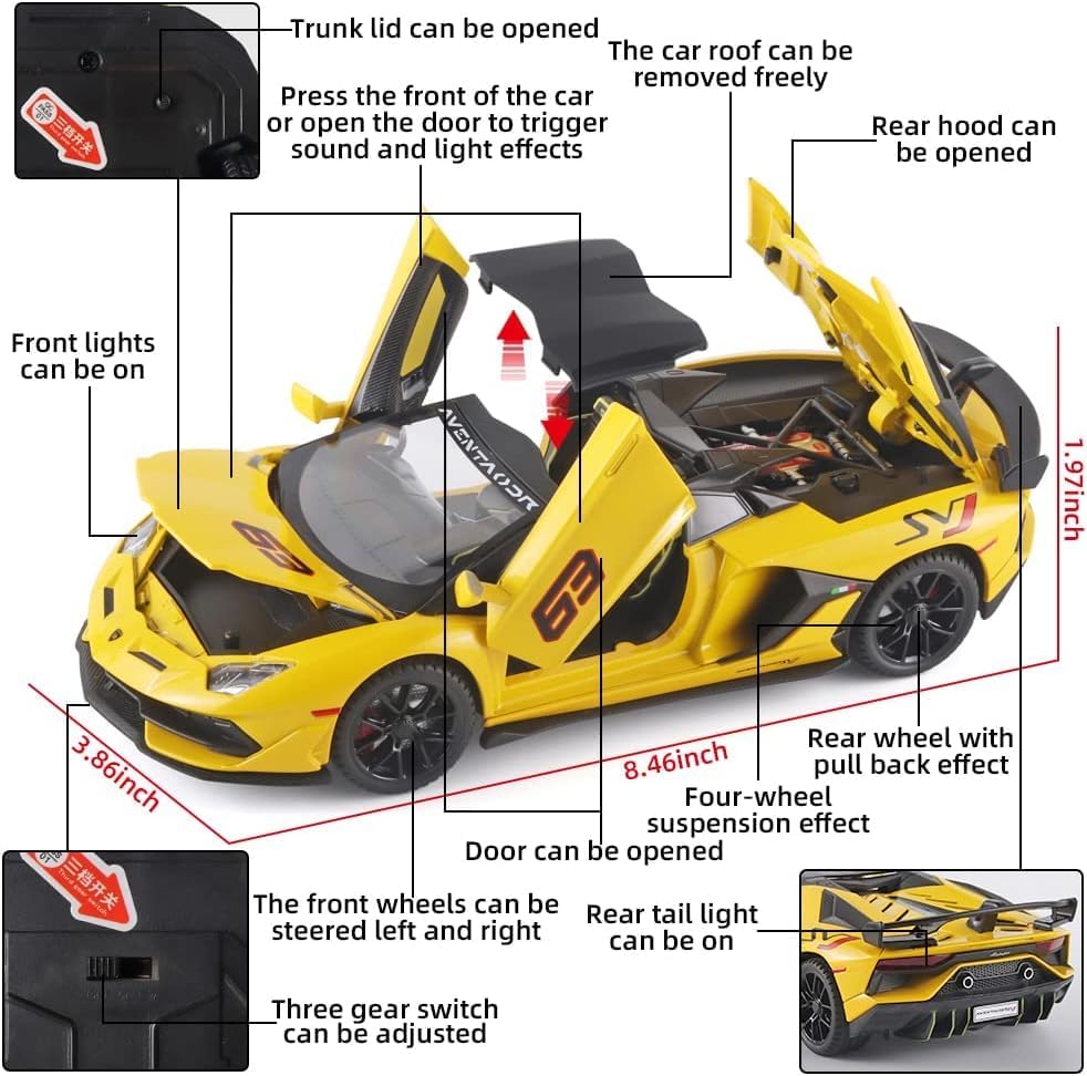 Image of 1:24 Big Size Lamborgini SVJ63 Scale Model Car - Exclusive Alloy Metal Pull Back Die Cast Car Toy with Openable Doors, Light & Music - Best Gifts for Kids【Colors as Per Stock】