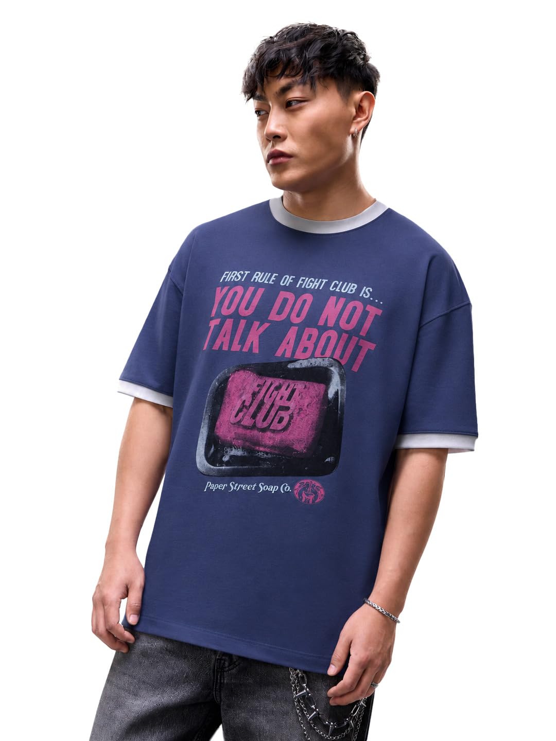 the souled store Fight Club: Men and Boys Short Sleeves Round Neck Blue Graphic Printed Cotton Oversized Breathable Comfortable Streetwear T-Shirts-picture-27