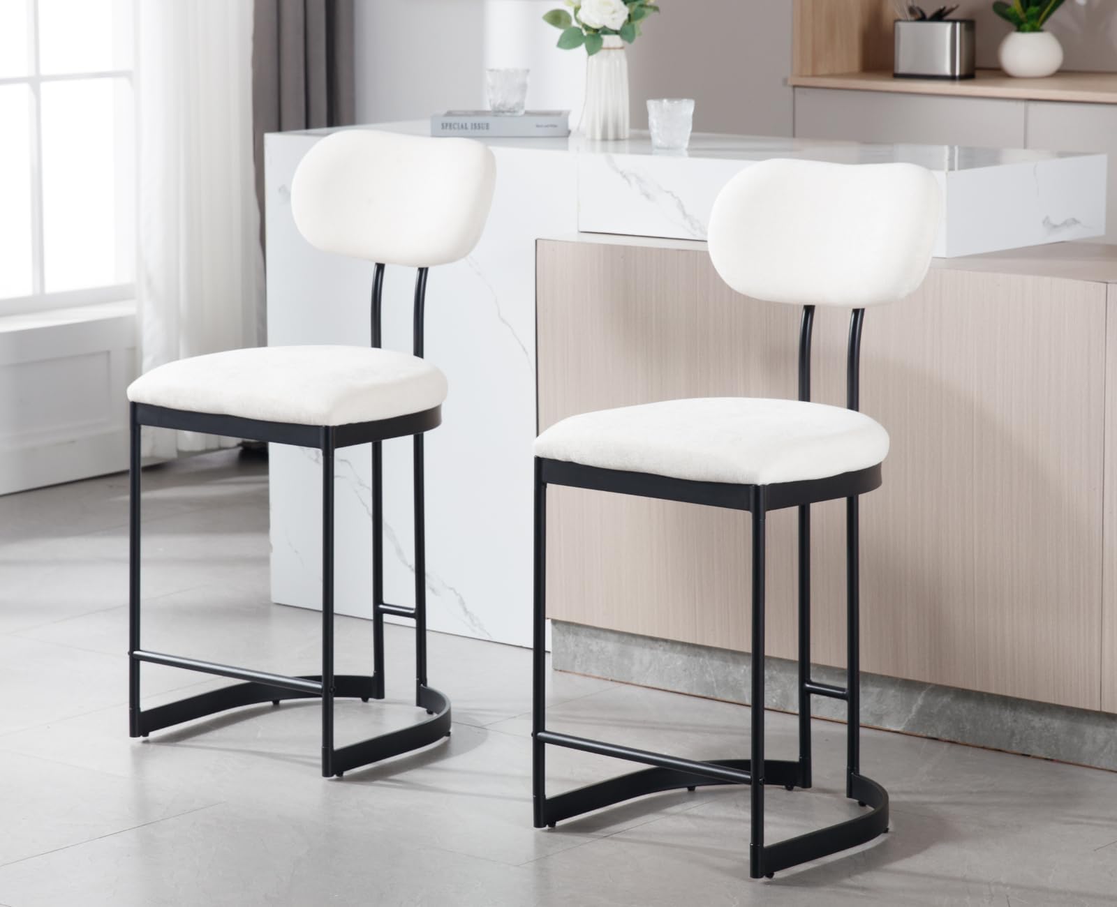 Modern Beige Bar Stools Set of 2 Counter Height Barstools with Back/Sled Base Bar Chairs Linen Fabric Upholstered Metal Stools for Kitchen Island/Dining Room/Home Bar/Pub,26 Inch