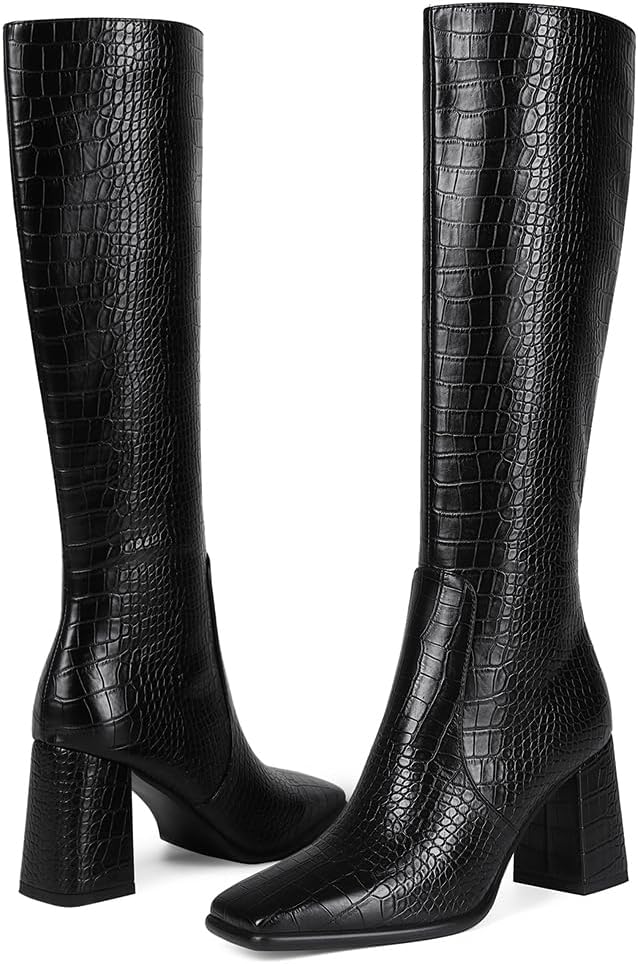 Knee High Boots Women Fall Boots Square Toe Faux Leather Tall Boots Chunky Heel Womens Dress Shoes - Image 4